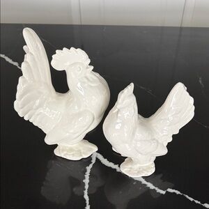 Vintage White Ceramic Rooster and Hen Figurines
